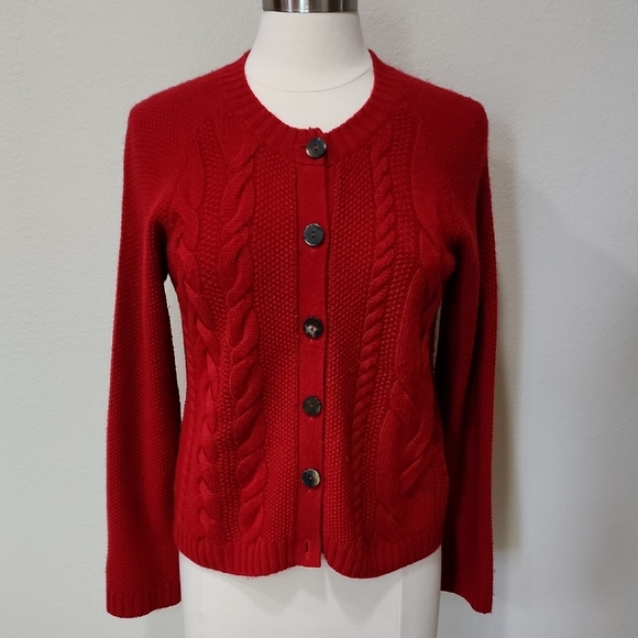 Pure Collection Classic Red Cable Knit Sweater Cardigan Cashmere Wool Size 8 - Picture 1 of 10